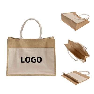 Large Eco-Friendly Jute Tote with Front Pocket & Expanded Gusset Base