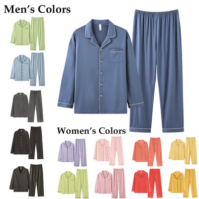 Unisex 100% Cotton Long-Sleeve Shirt and Full-Length Bottom Pajama Set